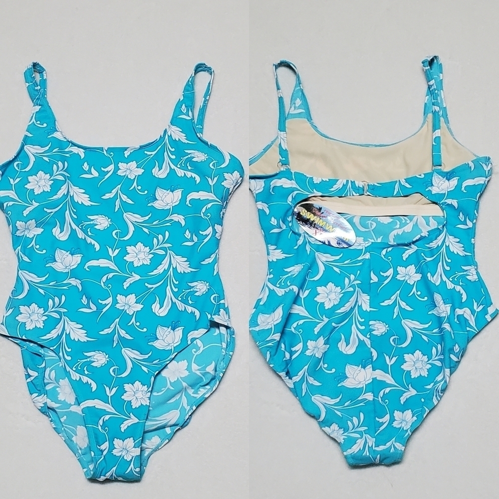 Volup Southern Expressions Sky Blue White Tropical Floral Peek-a-boo Swimsuit XL